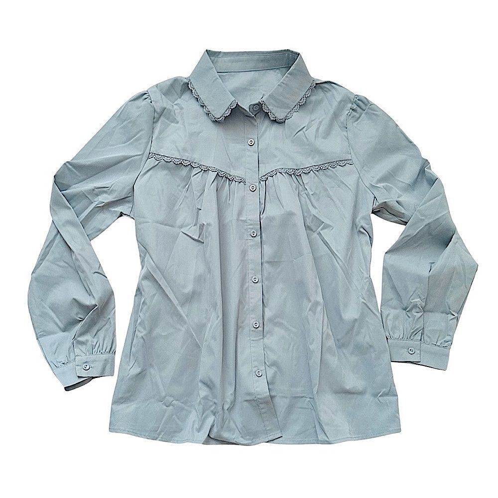 🔴2 for 60🔴 blouse button up long-sleeve blue gray pleated lace trim size M.